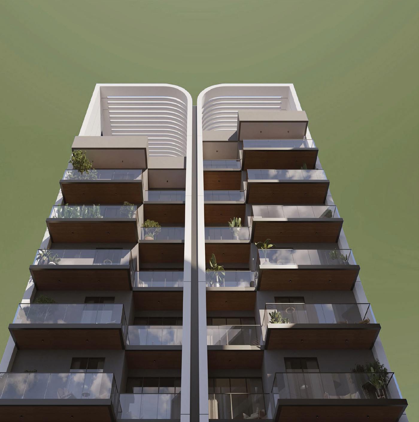 Timber-lined balconies, glass railings and planting on a tower of The Aerth