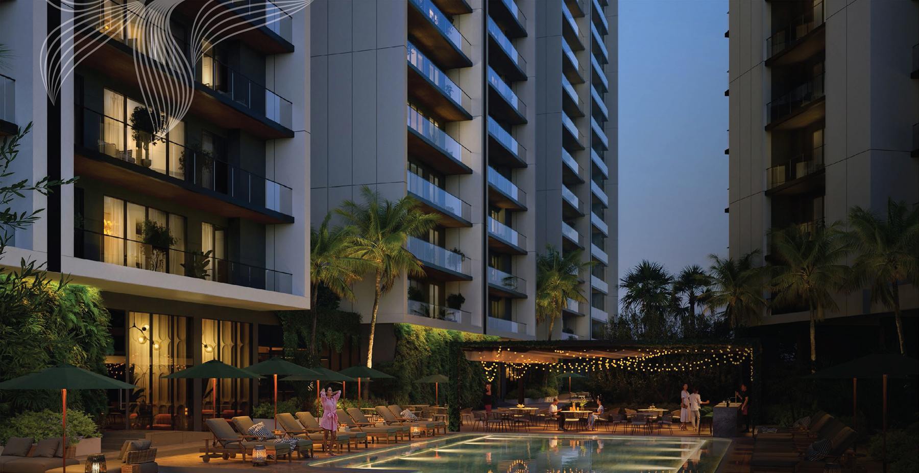 The Skyline Pool Lounge at The Aerth, lit at dusk